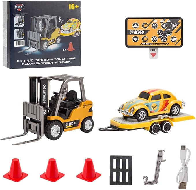 RC Forklift Truck with Trailer 1/64 Mini Alloy Remote Control Forklift 2 Mode Speed Truck with Cargo Hook Pallets RC Construction Vehicles for Adult