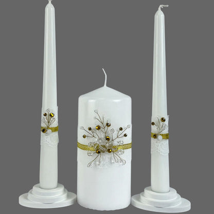 Magik Life Unity Candle Set - Wedding Ceremony & Reception – 6” Pillar & Two 10” Taper Candles – Long Burning Unity Candles for Marriage Ritual – Handmade in USA – Diamond |Gold
