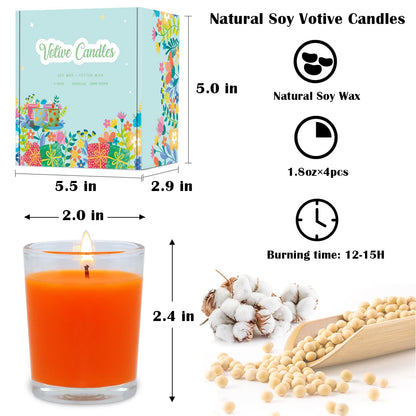 4 Packs Unscented Orange Votive Candles in Glass, 2 Inch Natural Soy Wax Scentless Fall Harvest Autumn Candles for Halloween Thanksgiving Wedding Party Home Holiday Relaxation, 12-15 Hour Burning Time