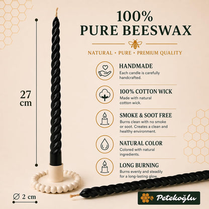 Petekoglu Black 2 Pack Taper Beeswax Candles 27.5 cm Twisted Candlestick Dinner Candles Natural Honeycomb Beeswax