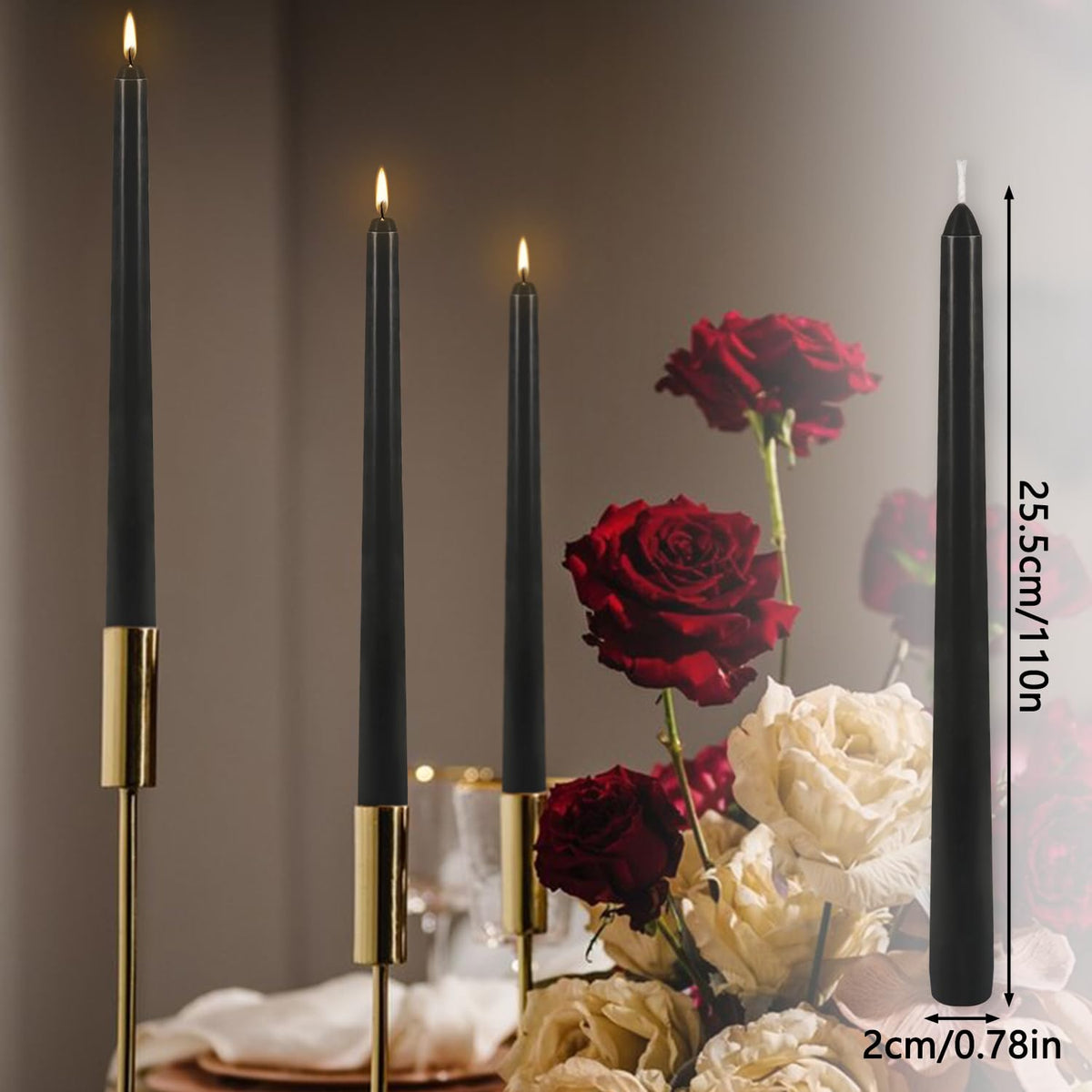 24Pack 10inch Black Taper Candle-Unscented and Smokeless-8hours Long Burning time,Dripless,Ideal for Halloween Taper Candles, Weddings, Dinner,Parties