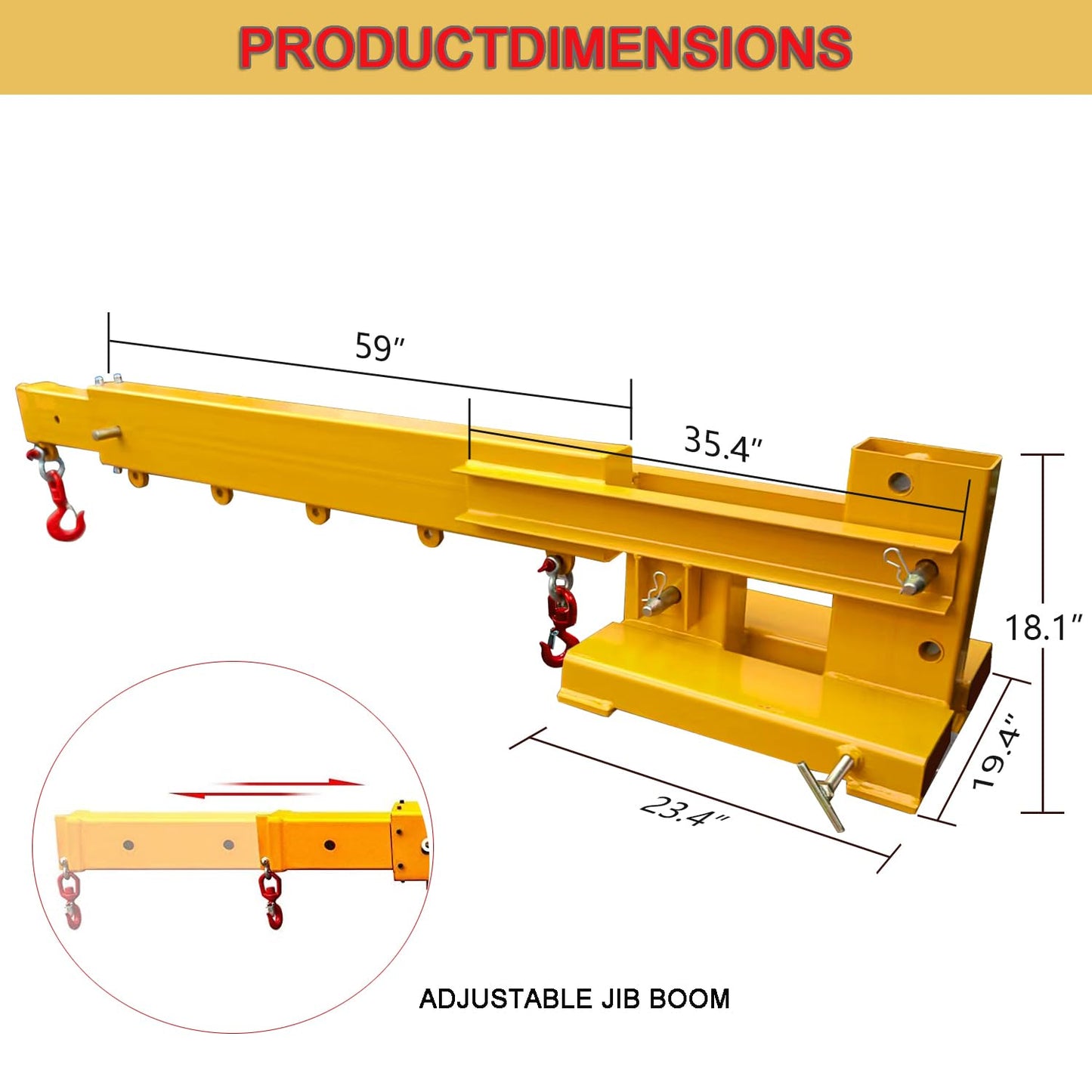 Adjustable Forklift Jib Boom Crane, 6000lbs Capacity Forklift Mounted Crane Manual Telescopes Heavy Duty Forklift Jib Crane with 2 Hooks for Warehouse, Factories