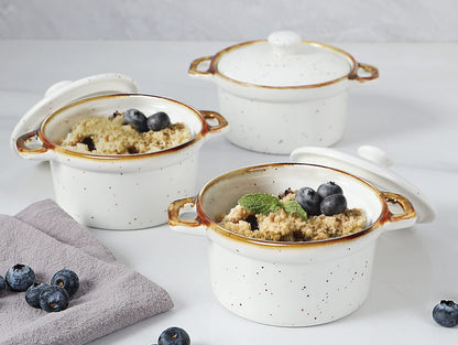 ONEMORE Mini Cocotte Set of 4, 6 oz Ceramic Ramekins with Lids and Handles, Small Casserole Dishes for Oven, Mini Dutch Oven for French Onion Soup, Souffle and Baking, Microwave & Dishwasher Safe, Creamy White