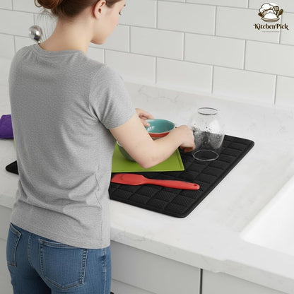 KitchenPick Microfiber Dish Drying Mat 15" x 20", Large Water-Absorbent Dish Drying Mat, Soft Quick-Dry Mat for Sink Dishes, Pots and Pans, Machine Washable Black Dish Drying Matt Kitchen Counter