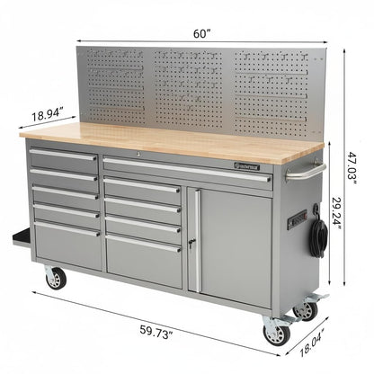 61 Inch Rolling Tool Chest, 10 Drawers Garage Workbench Storage Tool Cabinet with Rubber Wood Top, 1675 LBS, Power Strip, Locking System, Drawer Liners for Garage, Warehouse and Repair Shop, Silver