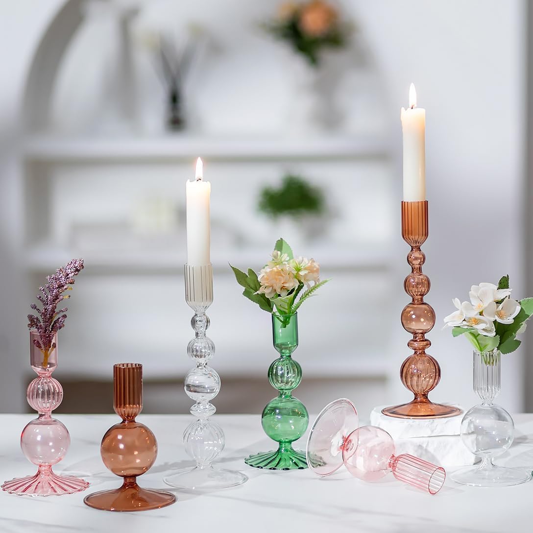 Hewory Glass Candlestick Holders Set: 3PCS Green Candle Holder Taper Candle Holders Bulk, Crystal Ribbed Candle Sticks Holder Decor for Table Centerpiece Wedding Christmas Thanksgiving Dinner