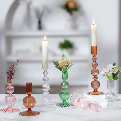 Hewory Glass Candlestick Holders Set: 3PCS Green Candle Holder Taper Candle Holders Bulk, Crystal Ribbed Candle Sticks Holder Decor for Table Centerpiece Wedding Christmas Thanksgiving Dinner