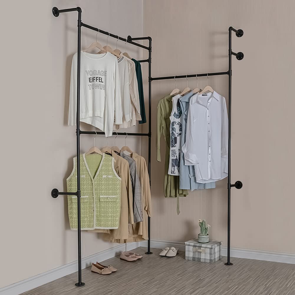 EDCB Wall Mounted Industrial Pipe Clothing Rack Garment Racks Pipeline Vintage Rolling Rack On Wall, Heavy Duty Rustic Gold Metal Garment Frame for Bedroom, Living room (Black)