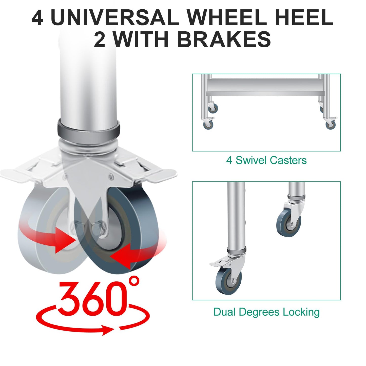 60 x 24 Inch Stainless Steel Prep Table, Heavy Duty Commercial Work Table with 4 Caster Wheels, Adjustable Undershelf & Rounded Corners, Metal Kitchen Workbench for Restaurant, Garage and Outdoor