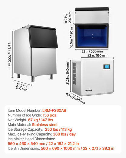 VEVOR Commercial Ice Maker Machine, 360LBS/24H Ice-Making Machine with 250LBS Large Storage Bin, Auto Self-Cleaning Ice Maker with Touchscreen for Bar Cafe Restaurant Business Commercial