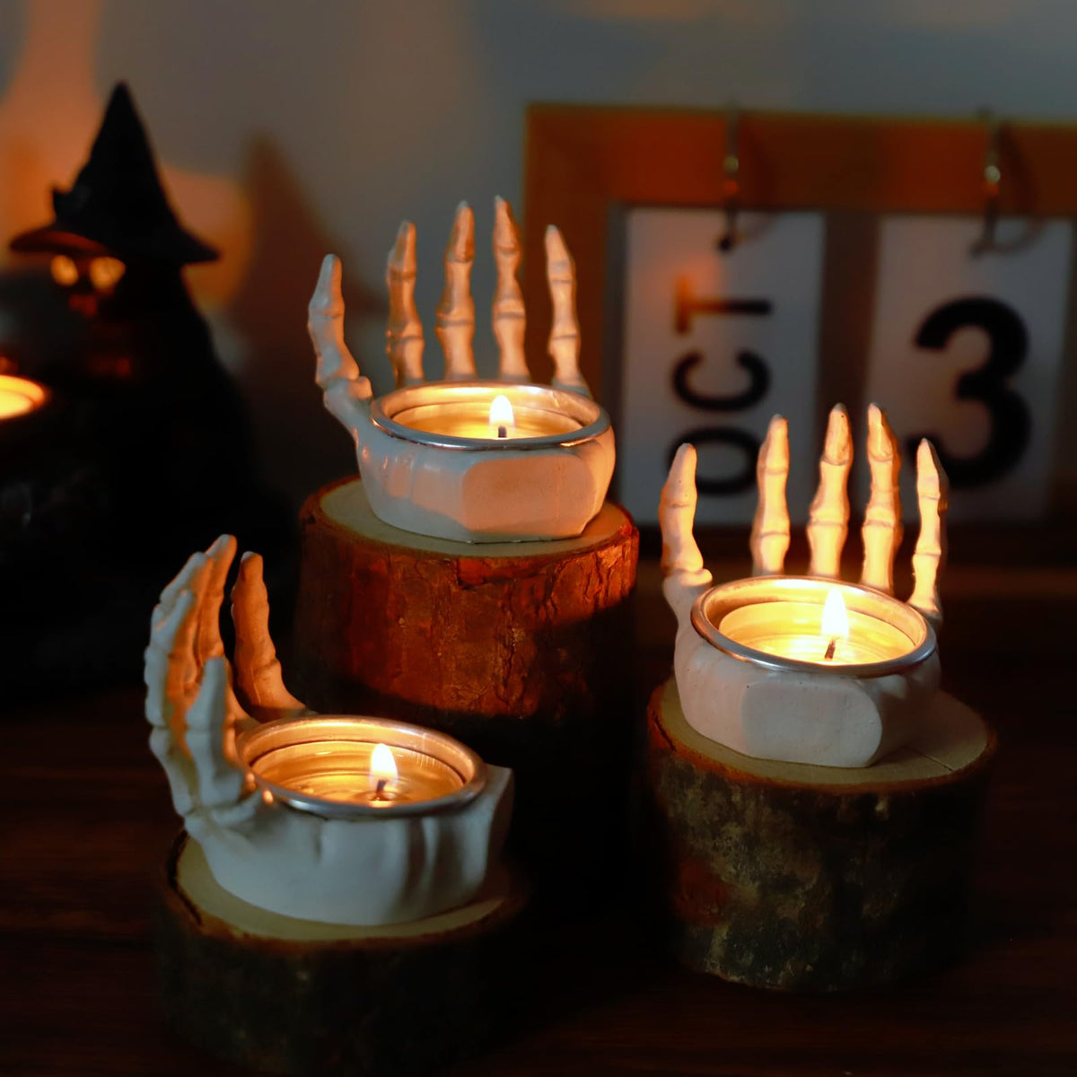 3pcs Gothic Skeleton Hand Tea Light Candle Holders, Halloween Candle Holders, Horror-Themed Spooky Home & Halloween Decorations