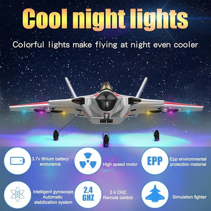 Remote Control Plane RTF J-20 Fire Fang 2.4Ghz 6-axis Gyro RC Airplane with Light Strip Jet Fighter Toy Gift for Kids Beginner (Stealth White)