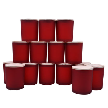 SHOWIN 10 OZ Thick Candle Jars for Making Candles 15 Pcs, Empty Jars with Wood Lids for Candle Making, Sample Container, Frosted Red