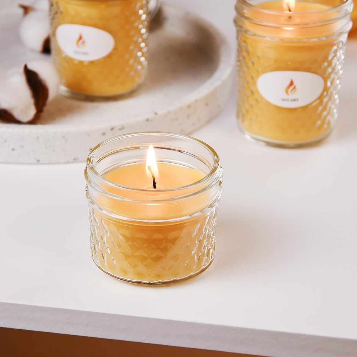 AGLARY 3PCS Beeswax Candle in Glass, 3oz,Over 21H Burn Time, Elegant and Natural Home Lighting,Unscented Beeswax-Raw