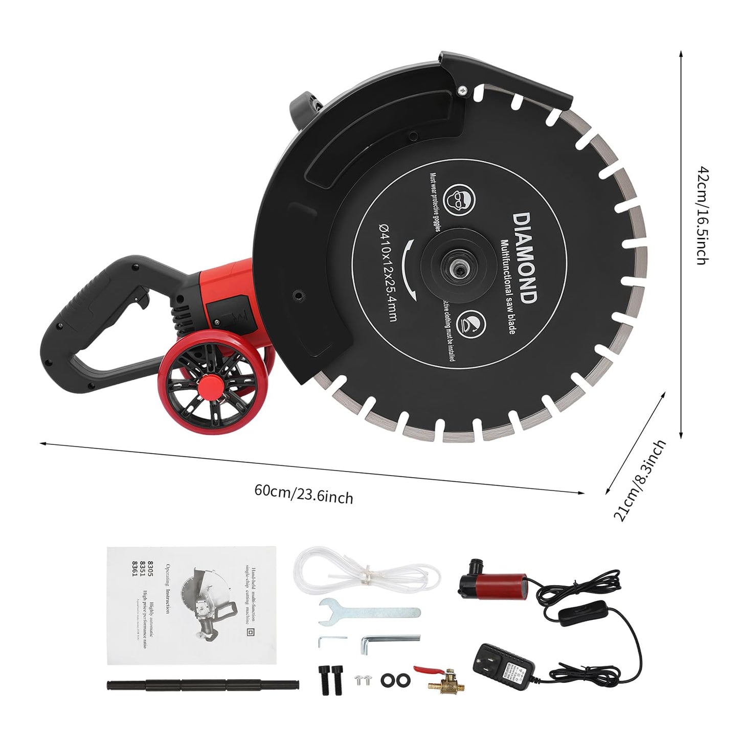 Electric Concrete Saw, 16" Wet/Dry Disk Saw Cutter 4000W Circular Concrete with Water Line, Water Pump and Blade 6.5" Cutting Depth for Stone, Brick, Porcelain, Concrete