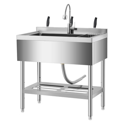 GarveeTech 35 in Freestanding Stainless Steel Utility Sink with Pull-Out Faucet, Adjustable Height Laundry Tub with Hot & Cold Water, Basket, Shelf & Drain Kit for Kitchen, Garage, Outdoor, Basement