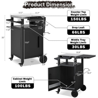 Dfchlda 33.9" Outdoor Grill Cart with Stainless Steel Top, Foldable Table, Storage Cabinet, Pizza Oven Table on Wheels, Hooks & Spice Rack for BBQ, Waterproof Cover Included, Black