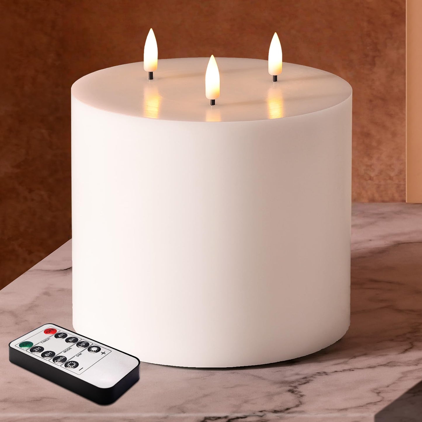 Girimax White 3 Wick Flameless Candle with Remote, 6x6 inch Giant LED Pillar Candle, Battery Operated Real Wax Flickering