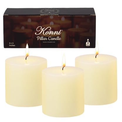 KONNI Ivory Pillar Candles Set of 3, 3"x 3" Unscented Pillar Candles Bulk, 30 Hours Long Burning Candles, Smokeless&Dripless Large Round Candle for Wedding, Home Decoration, Parties, Spas, Dinner