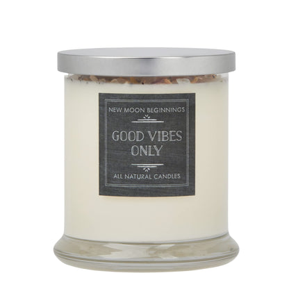 Good Vibes Only Candle by New Moon Beginnings - Negative Energy Cleansing - Soy Aromatherapy Candle - Handmade with Crystals & Herbs (12oz Round Glass Jar)