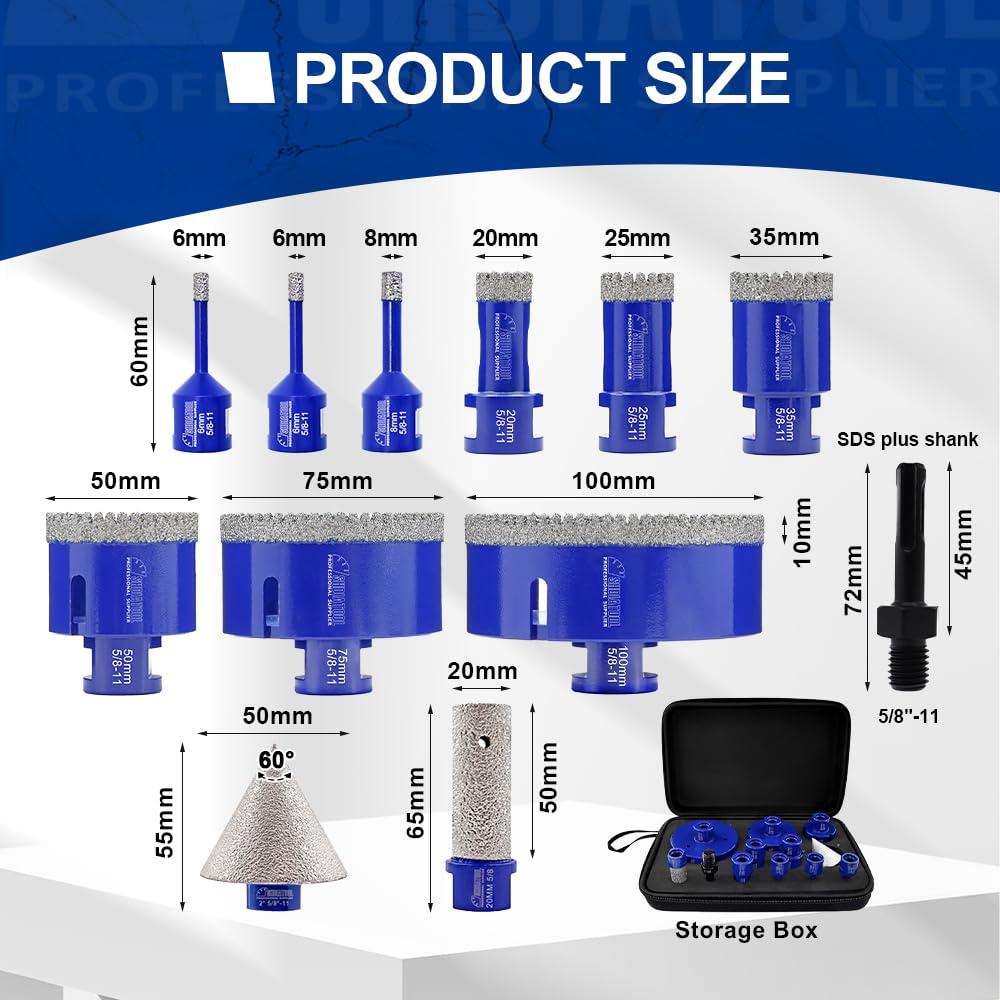 SHDIATOOL Diamond Drill Core Bits Kit Hole Saw Sets Diamond Drilling Mould Guide for Porcelain Tile Marble Ceramic Granite with Hollow EVA Guide Jig 12pcs(6/6/8/20/25/35/50/75/100/20MM/2inch/SDS)
