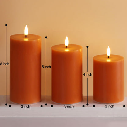Girimax Burnt Orange Flameless Pillar Candles with Remote, Flickering LED Wax Candles Battery Operated Set of 3
