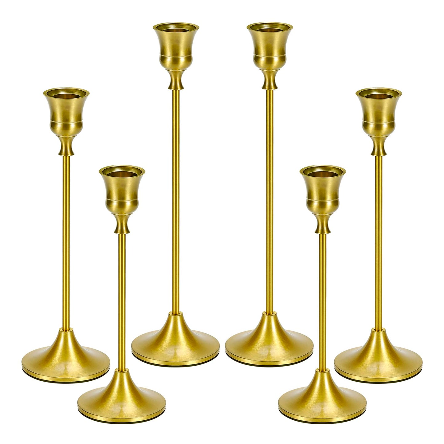Metal Brass Gold Taper Candlestick Holders Set of 6, Wine‑Glass Shaped Candle Stick Holder with 3 Assorted Heights, Elegant Table Centerpiece Decor for Wedding Christmas Fireplace