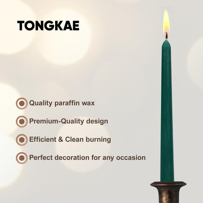 Tongkae Taper Green Candles, 4 Pack, 10 Inches Long, Unscented, Smokeless, Dripless, Cotton Wick, 7-8 Hours Burn Time, for Dinners, Christmas, Weddings, Parties, Holidays, Religious Events, Home Decor