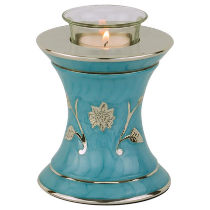 Grace Turquoise Tealight Cremation Urn for Ashes, Brass Memorial Candle, Blue Green, Extra Small Size, 5.5 Inches High