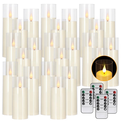 Wfmolcand 24-Pack Acrylic LED Flameless Pillar Candles with Remote & Timer, Battery Powered - Perfect for Indoor/Outdoor Decor,Wedding,BBQ and Gift - Easily Create a Magical Atmosphere.(Ivory)