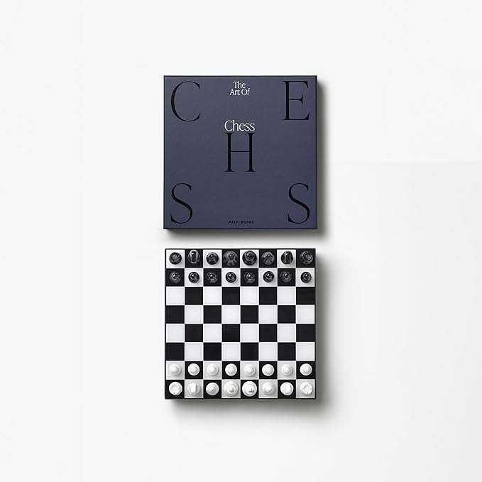 Printworks Art of Chess – Black &amp White Wooden Chess Set with Acrylic Board – Stylish Coffee Table Game for Adults – Multilingual Instructions Included