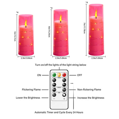Sasigeiaa Flameless Candles with Embedded Star String - Battery Operated LED Candles, with Remote,12 Pink Flickering Candles for Christmas, Weddings, Home Decor & Party,(D 2.3"×H 5" 6" 7")