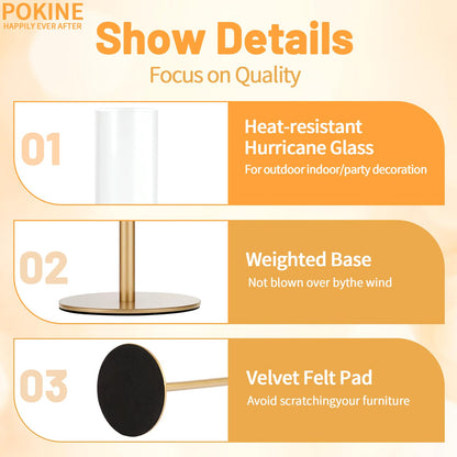 POKINE Set of 6 Gold Candle Holders, Tall Hurricane Candlestick Holders with Glass for Taper and Pillar Candles, Home Decor for Wedding, Christmas, Party, Anniversary, Dining Table