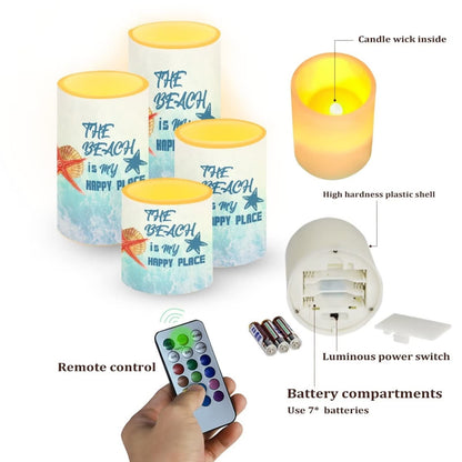 Cozeyat Summer Beach Pattern Flameless Votive Candles 4 Packs,Electric Tealight Battery Powered,Flickering Tea Lights,Cycling 24 Hours Timer Real Wax Lights for Festival Wedding Home Decor