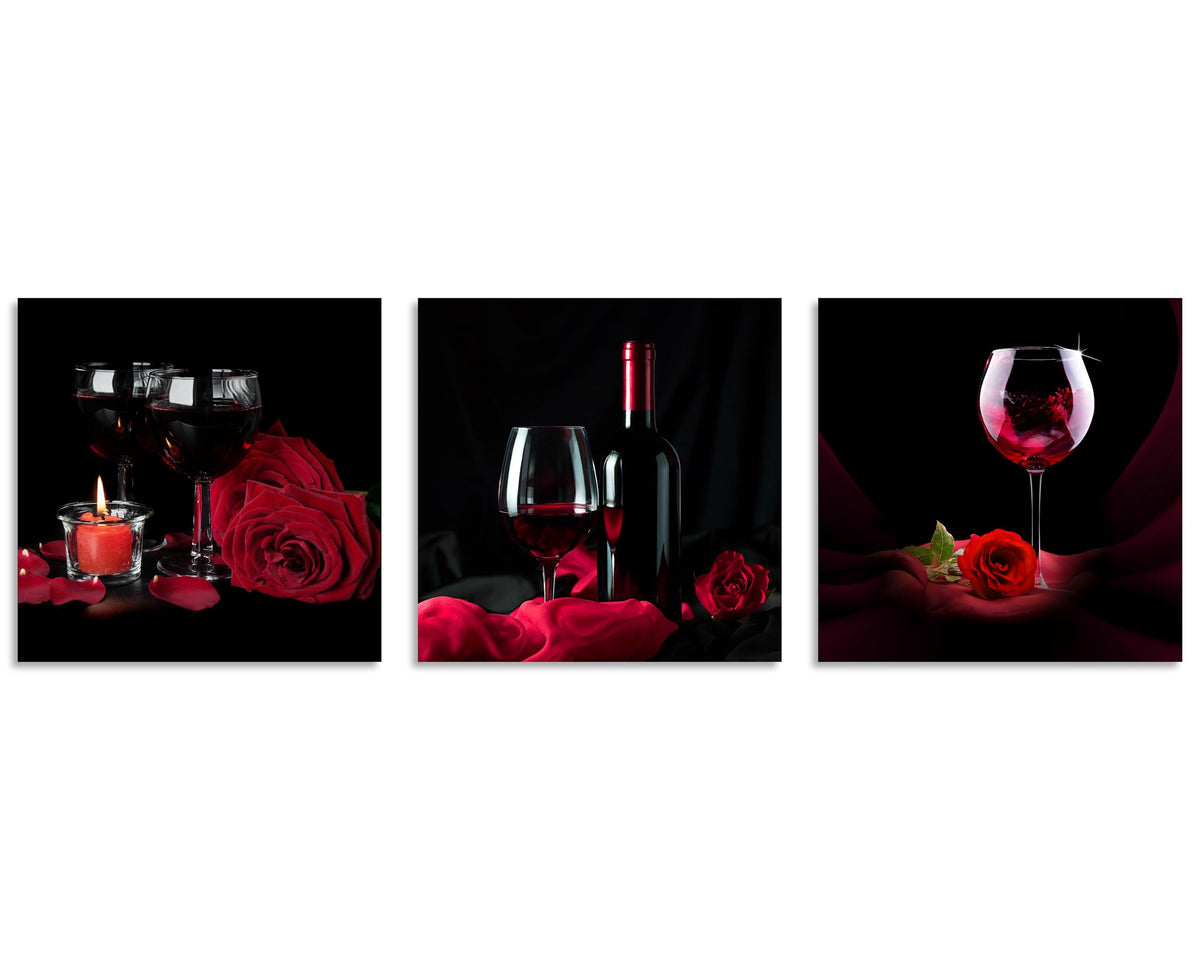 OWNANRTHM Rose Wine Picture Red Wine Rose and Candle Picture Painting Wall Art Red Wine Glass Canvas Wall Art for Living Room Bedroom Home Wall Decor Stretched and Framed 12" x 12" x 3 Pieces