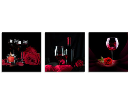 OWNANRTHM Rose Wine Picture Red Wine Rose and Candle Picture Painting Wall Art Red Wine Glass Canvas Wall Art for Living Room Bedroom Home Wall Decor Stretched and Framed 12" x 12" x 3 Pieces