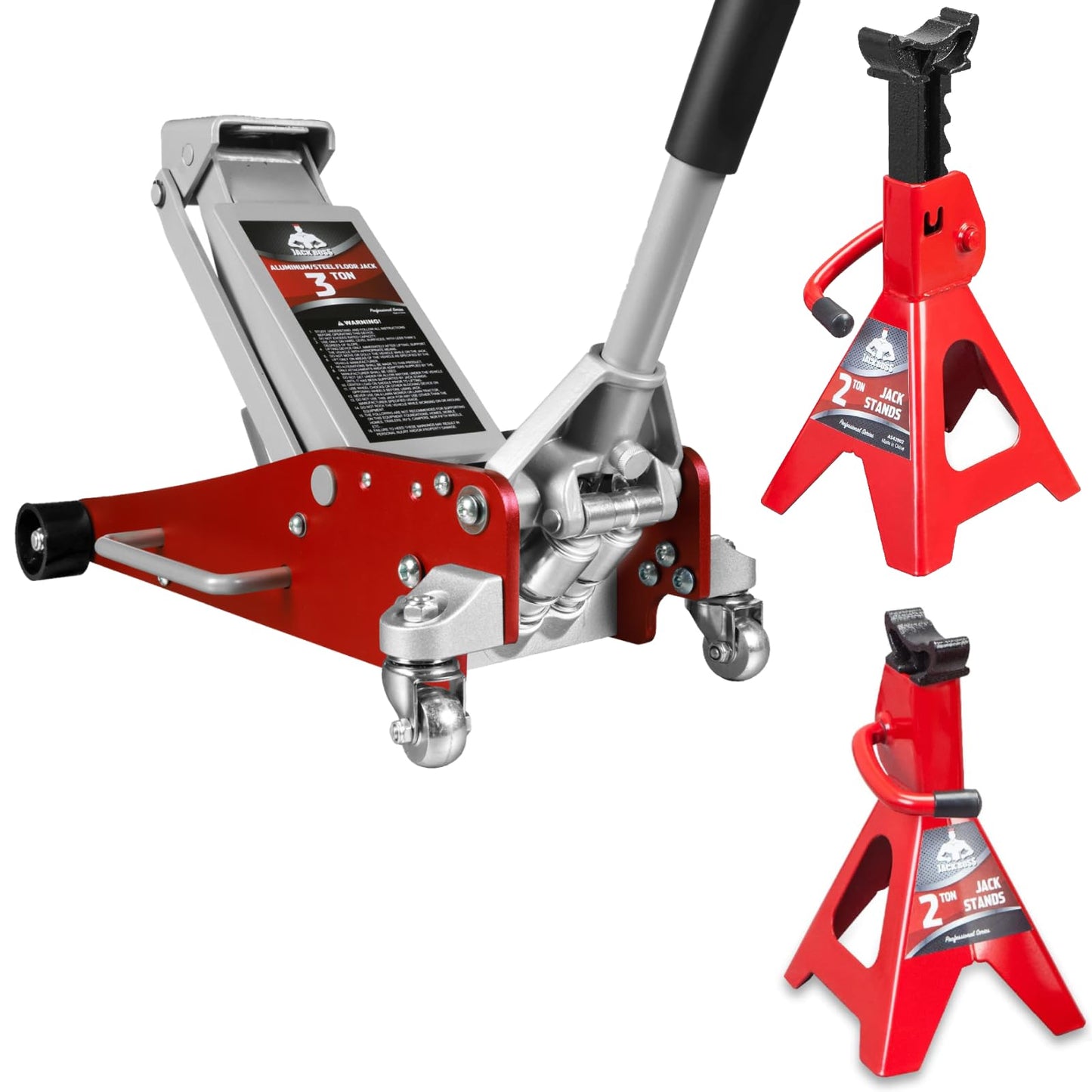 Jack Boss 3 Ton(6,600 LBs) Low Profile Aluminum and Steel Car Jack with Dual Piston Quick Lift Pump and Jack Stands 2 Ton (4,400 LBs) Lifting Car Stand, Fit Use for Cars Automotive Sedans, Red, 2 Pack