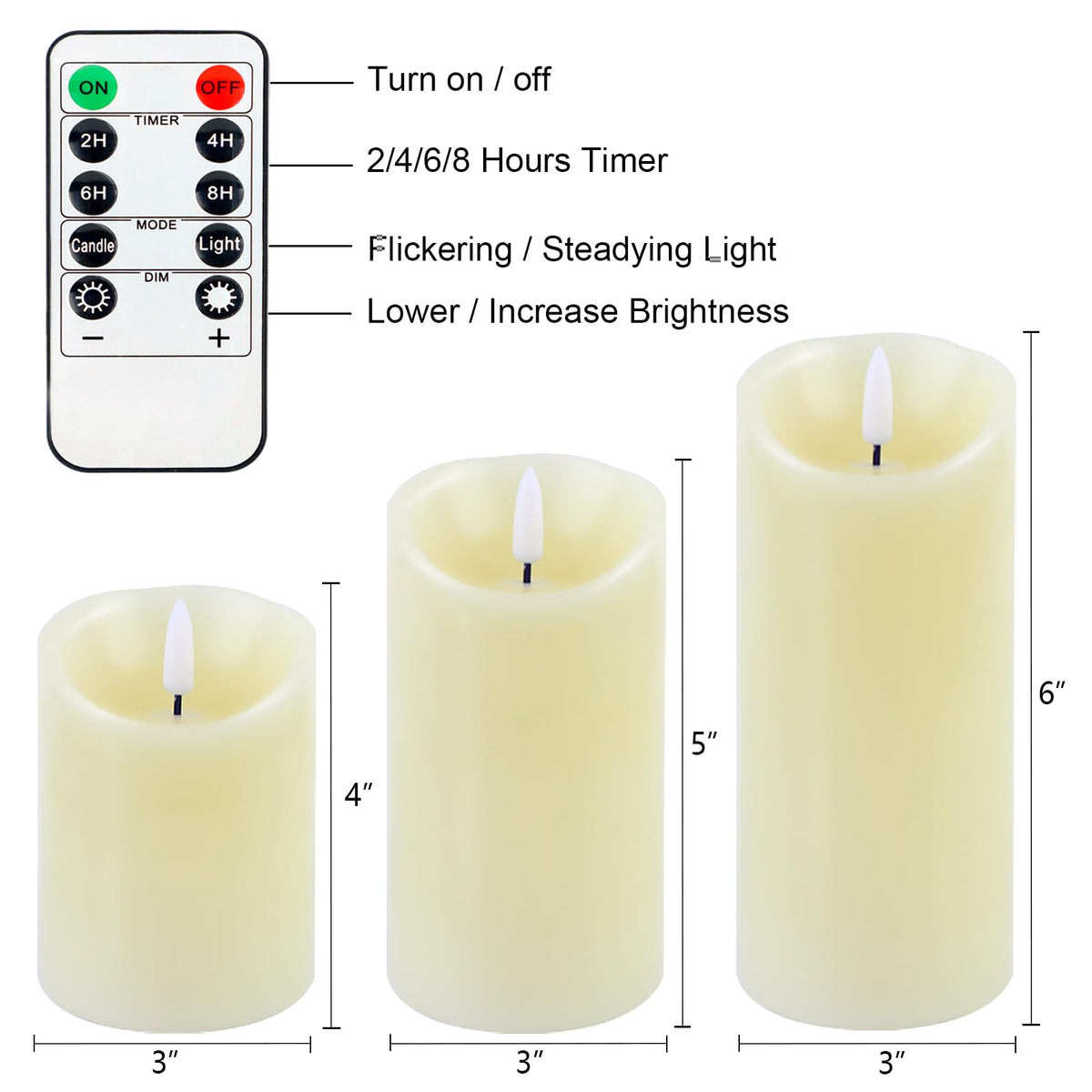 Warmhere Flameless Candles Battery Operated with Remote Timer, 3D Flame Flickering, Last 500+ Hours Battery Candles, Ivory Real Wax LED Pillar Candle for Wedding Home Christmas Decorations, Set of 3