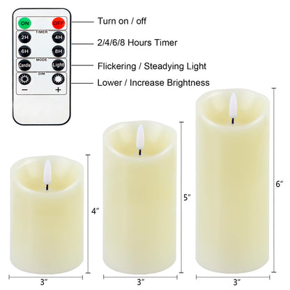 Warmhere Flameless Candles Battery Operated with Remote Timer, 3D Flame Flickering, Last 500+ Hours Battery Candles, Ivory Real Wax LED Pillar Candle for Wedding Home Christmas Decorations, Set of 3