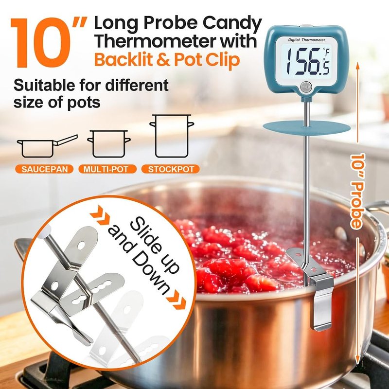 Candy Thermometer for Candy Making with Rotatable Large Display 10'' Long Probe,Digital Instant Read Candy Thermometer with Pot Clip,Candle Smoker, Oil Cooking (Blue)