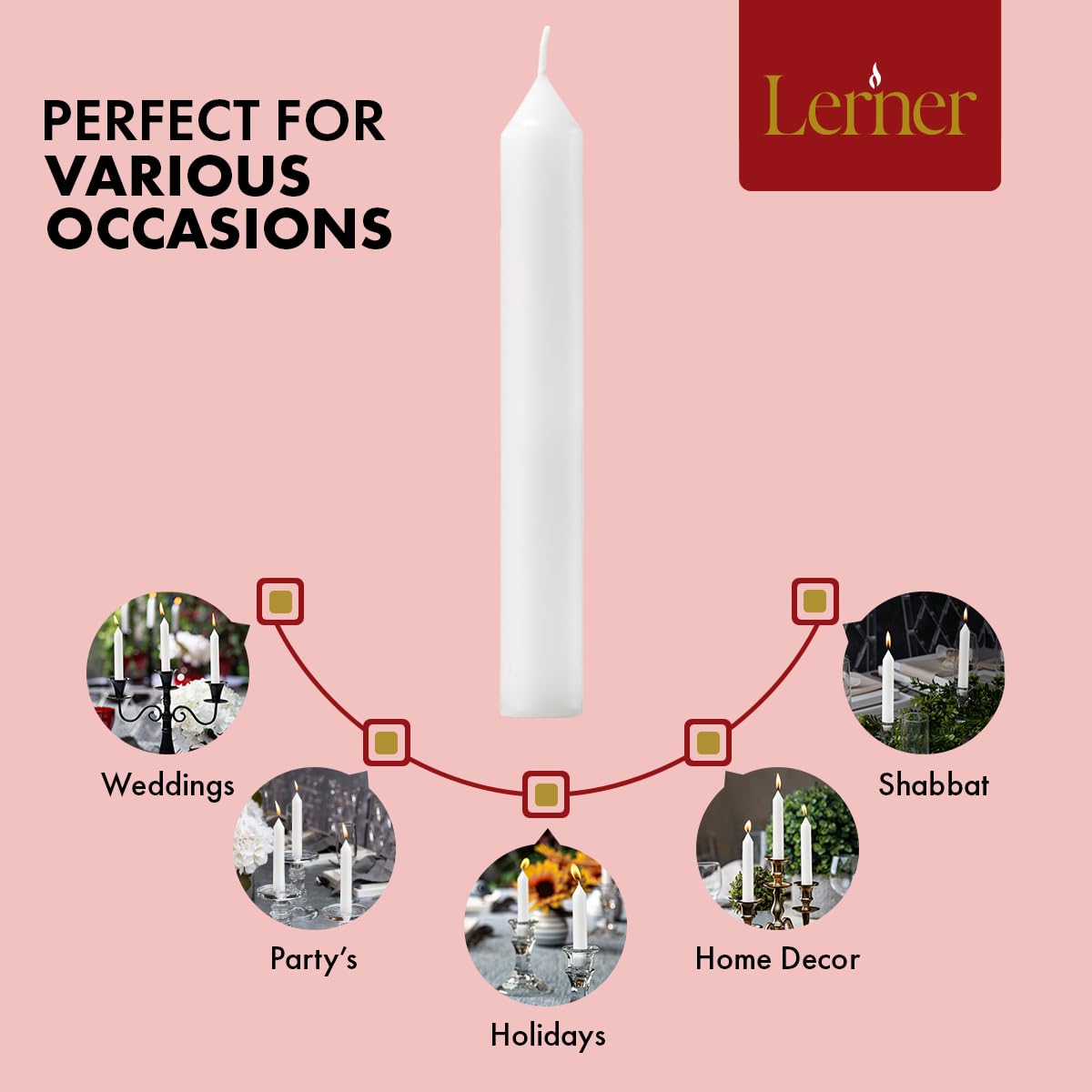 Lerner White Household Candlesticks, Pack of 50 | 6-Hour Burning Time | 7 Inch Tall Dinner Candles | 100% Dripless | Shabbat Candles | Candlesticks for Holidays, Churches, Décor, Emergencies