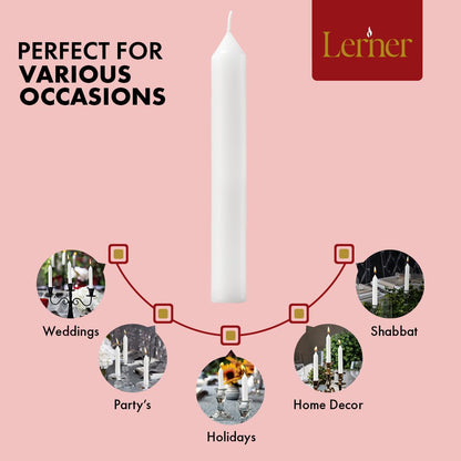 Lerner White Household Candlesticks, Pack of 50 | 6-Hour Burning Time | 7 Inch Tall Dinner Candles | 100% Dripless | Shabbat Candles | Candlesticks for Holidays, Churches, Décor, Emergencies