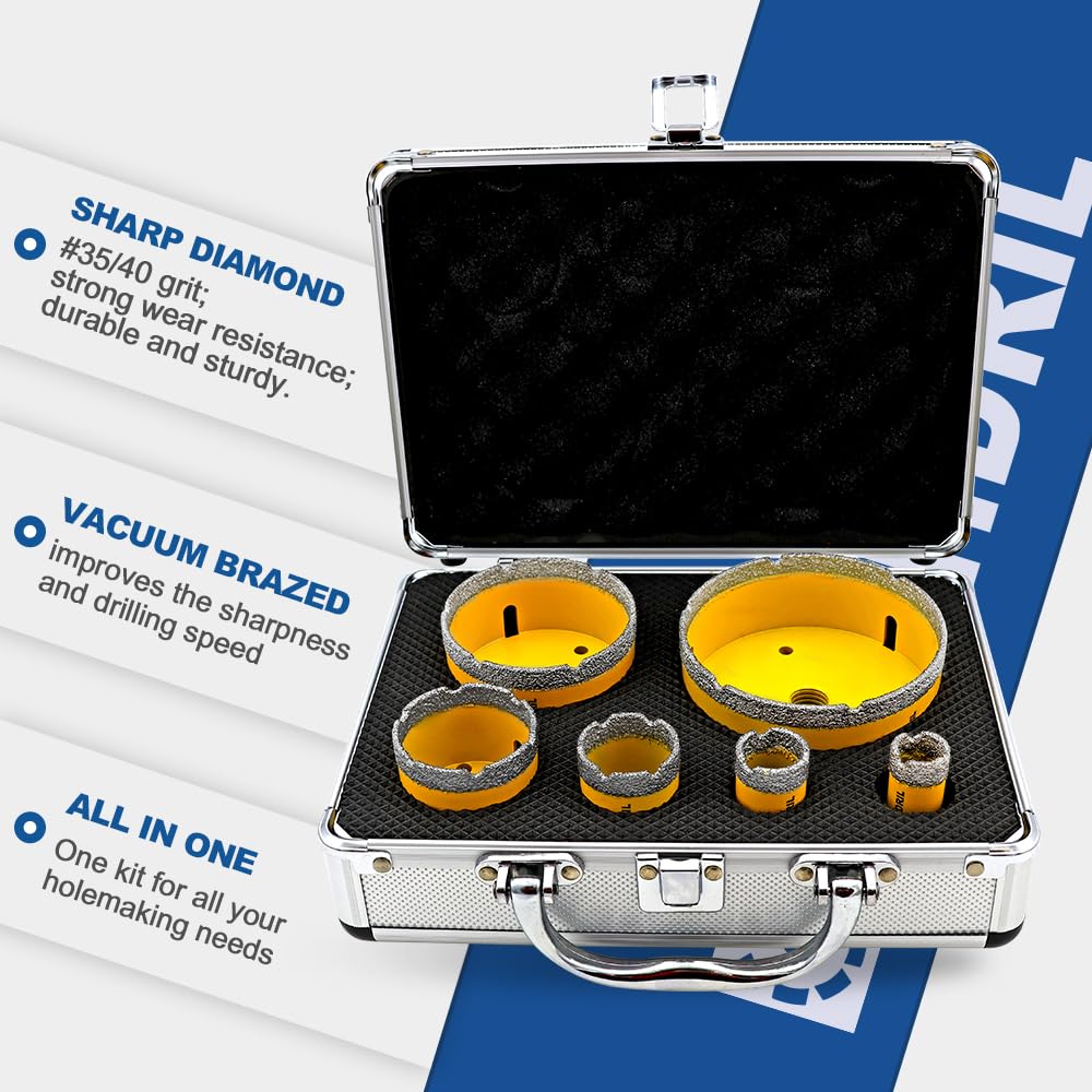 HIGHDRIL Diamond Drill Bits Kit with 5/8-11 for Porcelain Tile Ceramic Marble Brick Concrete Vacuum Brazed Hole Saw and HIGHDRIL Diamond Core Drill Bit - 6"(152mm) with 5/8-11 Thread Dry Drilling