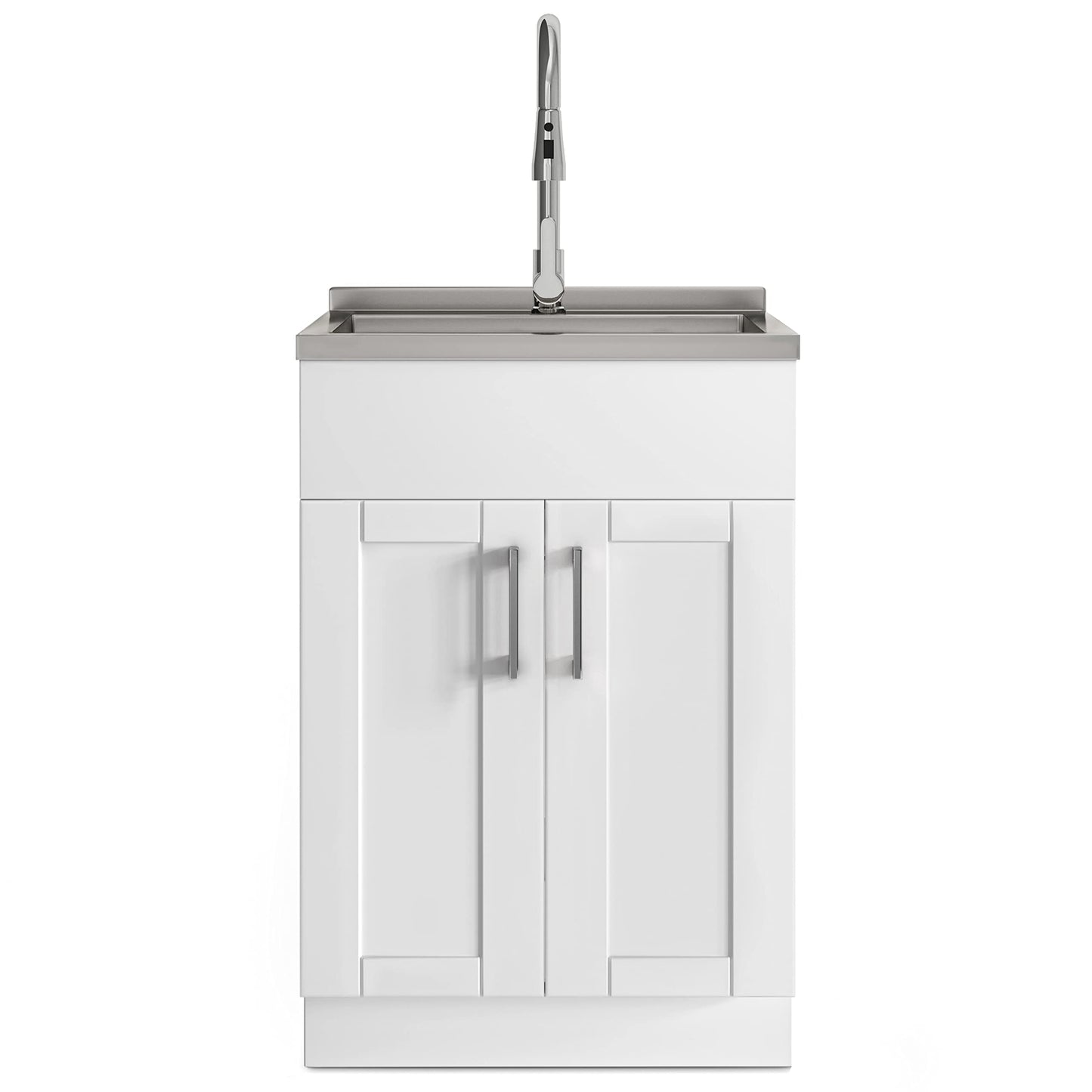 SIMPLIHOME Modern Wide Shaker All-in-One 24 inch Wide Utility Sink and Laundry Cabinet in Pure White Finish, Transitional Stainless Steel Sink Cabinet for Laundry Rooms with High-Arch Chrome Faucet