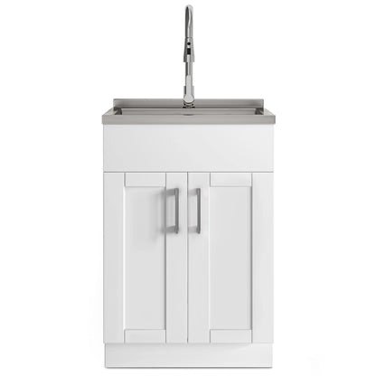 SIMPLIHOME Modern Wide Shaker All-in-One 24 inch Wide Utility Sink and Laundry Cabinet in Pure White Finish, Transitional Stainless Steel Sink Cabinet for Laundry Rooms with High-Arch Chrome Faucet