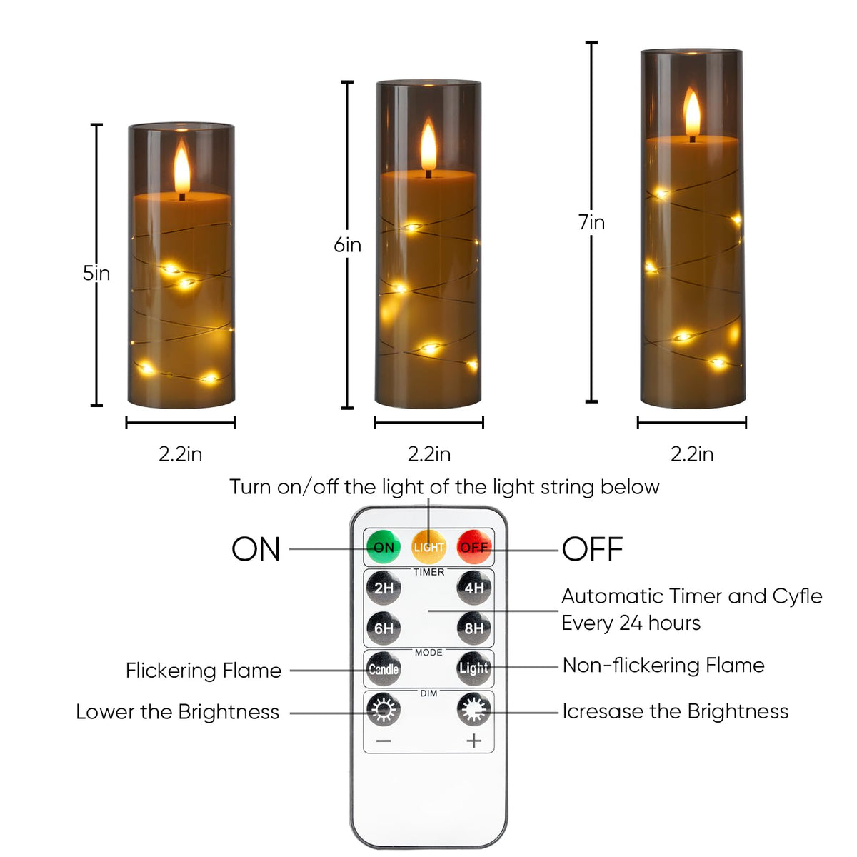 Homemory 12Pcs Flameless Candles with Star String Fairy Lights, Flickering Battery Operated Candles, LED Fake Candles with Remote and Timer, Halloween, Weddings, Home Decor, Grey