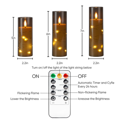 Homemory 12Pcs Flameless Candles with Star String Fairy Lights, Flickering Battery Operated Candles, LED Fake Candles with Remote and Timer, Halloween, Weddings, Home Decor, Grey