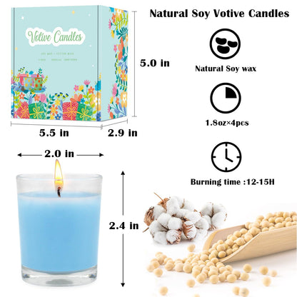 Set of 4 Babyblue Votive Candles Clear Glass Filled Unscented Soy Wax Candle for Home Spa Weddings Holiday Baby-Shower Party and DIY
