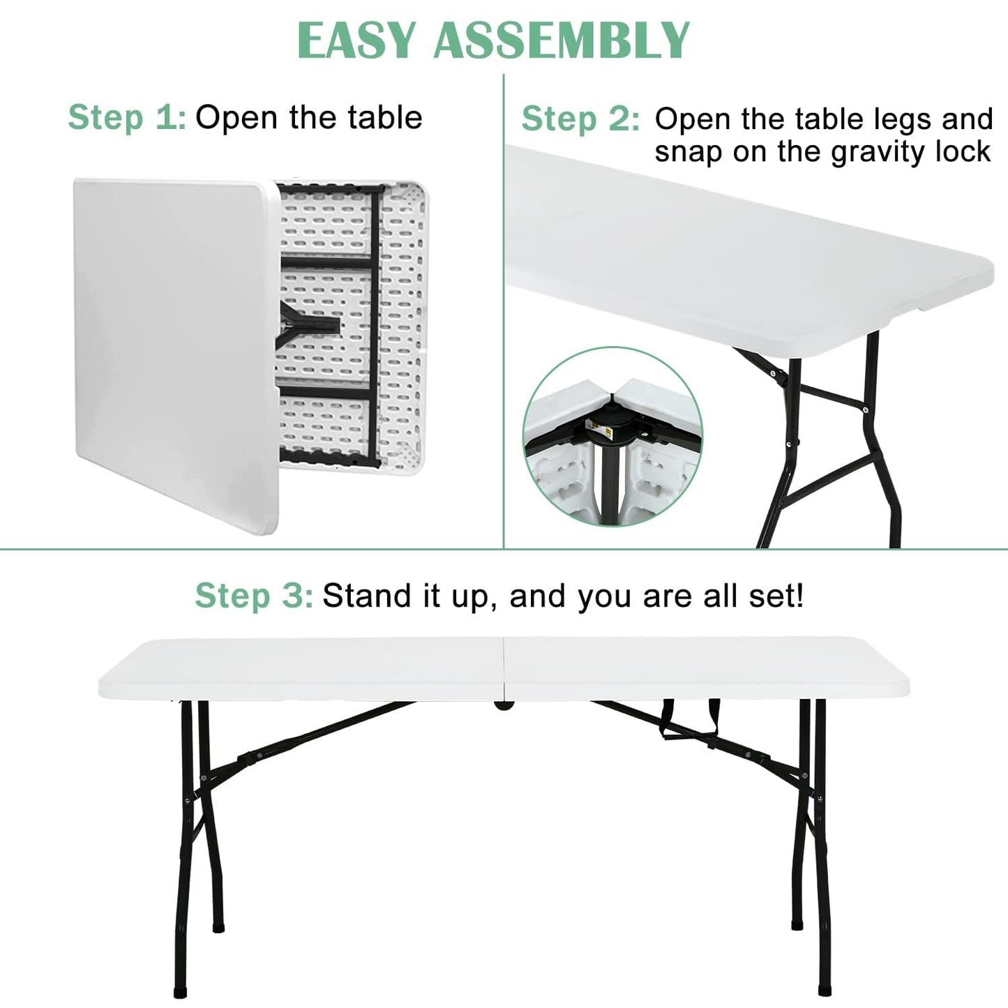 PIKAQTOP Plastic Folding Table 6ft Heavy Duty Foldable Utility Table with Carrying Handle for Camping Picnic BBQ Party Banquet Backyard, 500LBS Capacity, White
