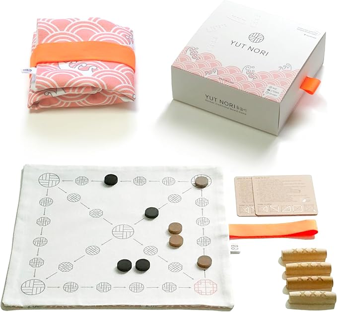 Giftable YUTNORI(Portable Board Game) Traditional Korean Party Game (with Unique Dice) Korean Folk Game YUNNORI 2~4Teams 15min Strategy &amp Luck Fast Pace Mini Board Game